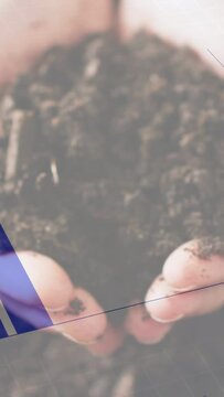 Vertical video: Frame2 hands holding soil while overlays rising and forming charts, mapping soil