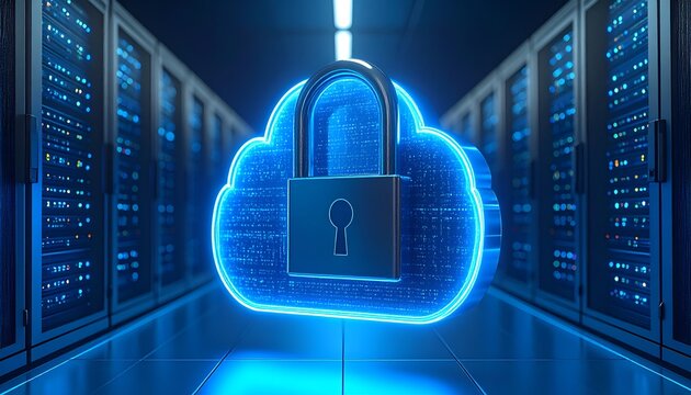 Blue-lit cloud with glowing padlock stands center. Rows of server racks hum with digital activity