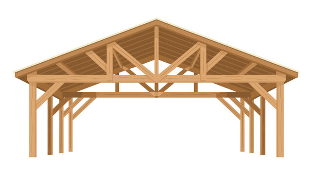 A sturdy open air wooden pavilion with a peaked gabled roof and intricate exposed timber beam construction stands as a standalone structure on a clean white background.