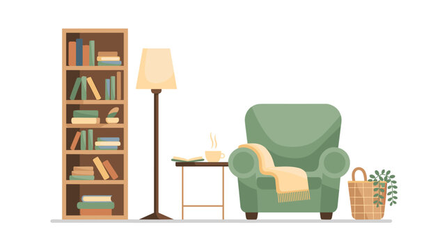 An inviting reading corner features a comfortable green armchair with a throw blanket next to a wooden bookshelf and a warm lit floor lamp in a cozy room setting.
