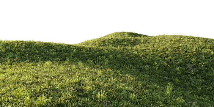 Rolling grassy hill terrain isolated on transparent background for landscape and environment design asset. 3D rendering.