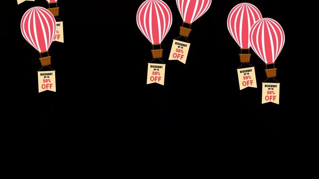 DISCOUNT UP TO 50% OFF Animated hot air balloon with customizable promotional banner text for marketing, sales, discount offers, and business advertisements.