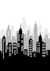 Obraz premium Minimalist Grayscale City Skyline Silhouette Illustration with Skyscrapers and Urban Buildings for Background