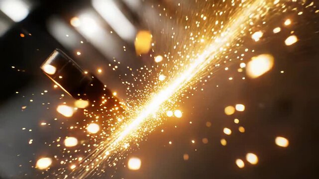 Projectile hitting a hard surface, generating a brilliant burst of fiery orange and yellow sparks, illustrating an intense impact and kinetic energy concept