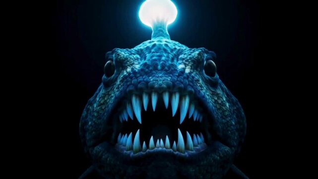 Fierce deep-sea anglerfish with glowing lure in dark ocean depths