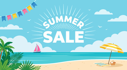 Fototapeta premium Summer sale banner on a tropical beach scene with palm trees, sun, ocean, and colorful bunting flags