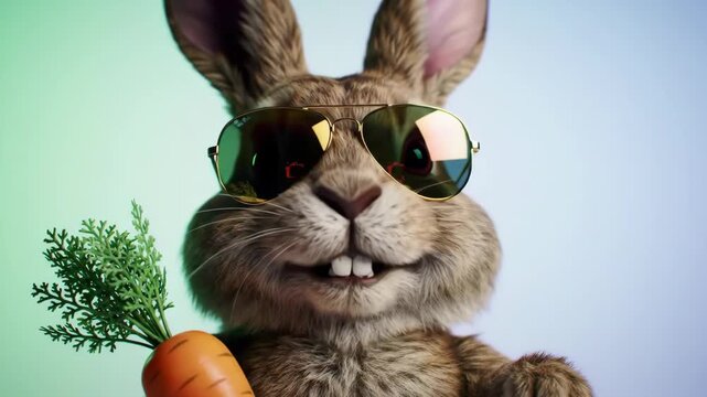 Stylish Rabbit in Sunglasses Posing Playfully with a Fresh Carrot Against a Vibrant Gradient Background.