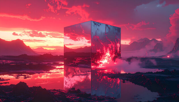 Glowing red cube in fiery landscape.