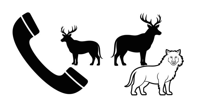 Black silhouette of phone with deer and wolf illustrations on white background