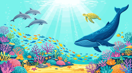 Fototapeta premium Vibrant underwater coral reef scene with dolphins, a whale, and colorful tropical fish under sunlit turquoise water