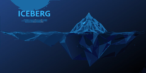 polygonal iceberg illustration with glowing blue facets and dark blue background © Bijoy