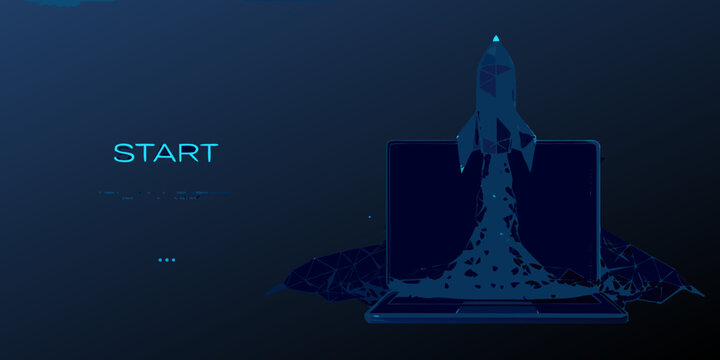 Blue wireframe rocket launching from a laptop screen digital technology concept