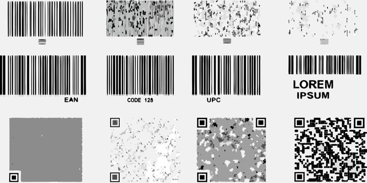 collection of barcode and qr code variations in black and white technical system