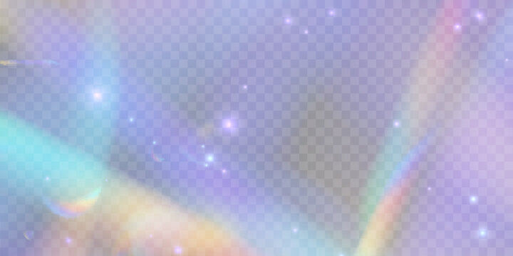 Crystal prism reflects rainbow neon light through diamond glass sparkle. PNG vector lens flare captures glitter, glare, and holographic effect. Light refractions add magical spectrum depth