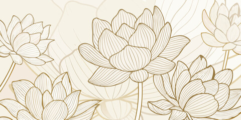 Obraz premium Golden line art illustration of lotus flowers with delicate petals and beige background