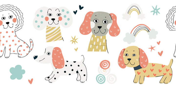 hand drawn dog breeds pattern with colorful elements whimsical illustration on white background