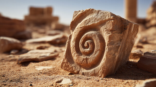 A detailed eye level, outdoor image of a light brown rock fragment with a deeply carved spiral pattern dominating the foreground. Ai generated