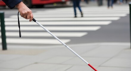 Fototapeta premium Hand of a visually impaired person holding a white cane while crossing an urban street at a pedestrian crosswalk.