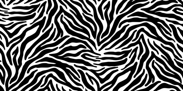 Seamless zebra stripes pattern black and white animal print with flowing lines