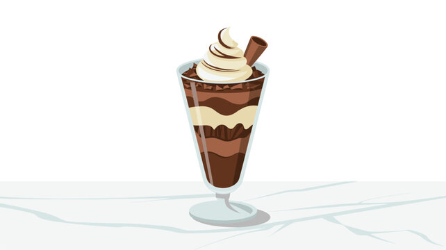 A gourmet layered chocolate parfait with whipped cream topping and a crunchy wafer stick sits elegantly on a white marble table in this clean food graphic design.