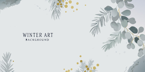 watercolor eucalyptus branches and pine needles with golden dots soft background © Bijoy