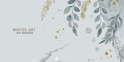 watercolor eucalyptus branches and pine needles on a pale gray background © Bijoy