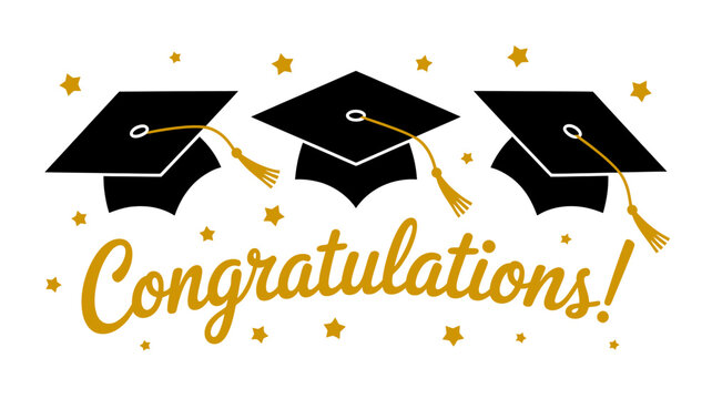 Graduation caps and congratulations message with gold stars on white background