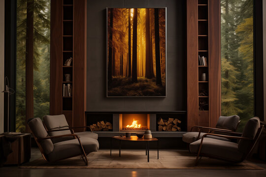 Tall arched metal wall art showing a sequoia forest with towering tree trunks, warm amber underglow LED, cream walls, earthy eco-friendly home interior, biophilic design photography