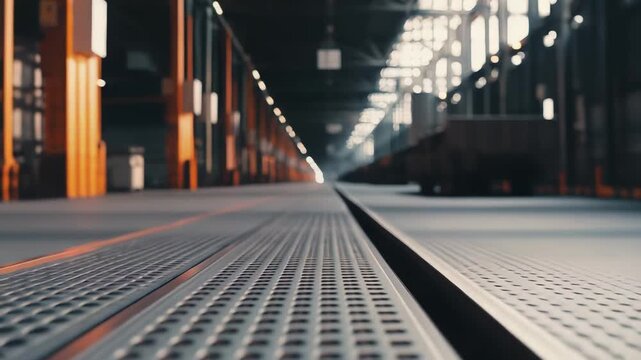 Industrial warehouse interior showing a wide, long corridor with a textured metal grate floor, leading into the distance, emphasizing logistics, manufacturing, and modern factory architecture