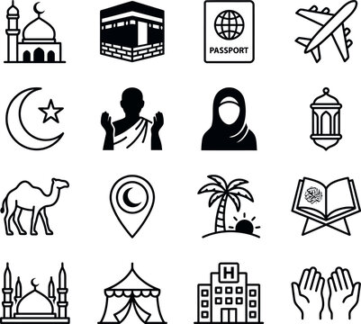 islamic icons set black line art on white background