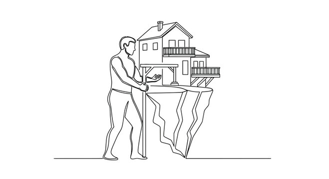 Man holding precarious house on cliff edge, concept of instability and risk