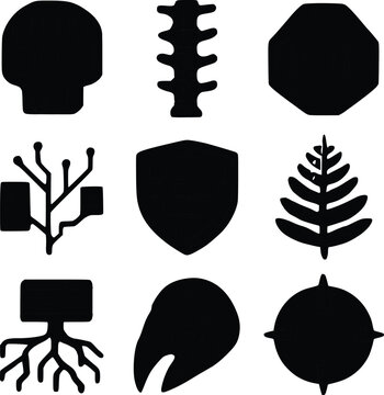 Sci-fi dystopian tech icons and futuristic RPG faction glyphs set with cybernetic skull, spinal column, and digital root matrix