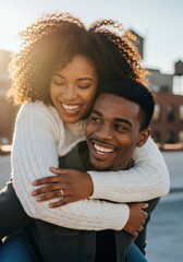 Obraz premium Happy Young African American Couple Embracing Outdoors During Golden Hour Sunset - Romantic Engagement Concept