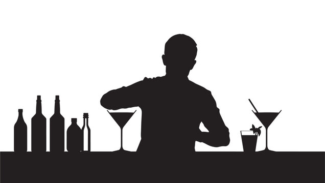 Black Silhouette of Bartender Pouring Cocktail at Bar Counter &mdash; Nightlife, Drinks and Entertainment Concept