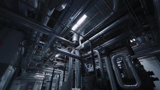 Modern industrial facility interior with insulated pipelines, hvac ducts, machinery and electrical conduits on the ceiling, showcasing efficient energy transfer and advanced engineering