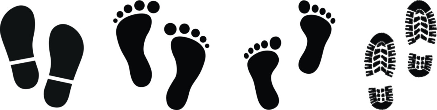 Human walking footprints and shoe sole marks vector set. kids footsteps trail icons for path and print design eps.Baby footprint icon in editable style. Vector icon graphics.Human foot  icon.