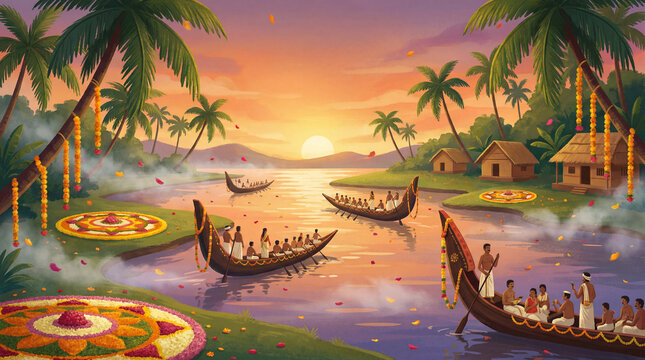 Festive boat race on Kerala backwaters at sunset with flower carpets
