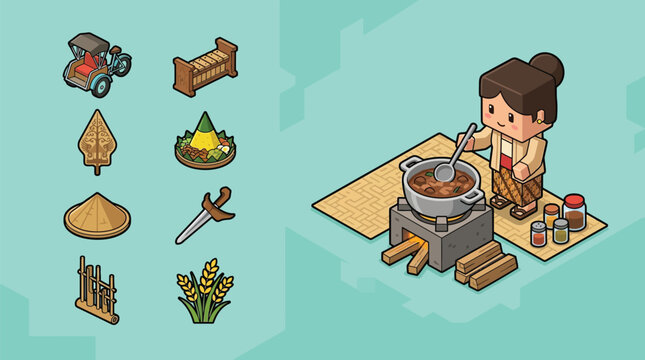 Isometric voxel art illustration of an Indonesian woman in traditional kebaya cooking on a stone stove, featuring icons like a becak, tumpeng, keris, and angklung on a teal background.
