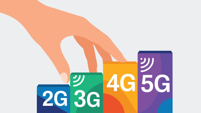A human hand touches a 5G labeled block on a series of rising colorful steps representing the evolution of mobile network technology against a light background.