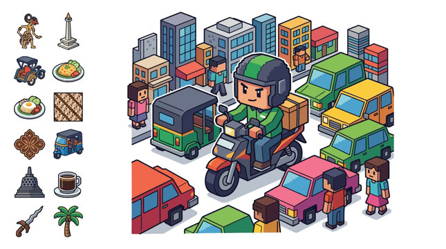 Isometric voxel art illustration of a busy Jakarta street scene featuring a motorcycle delivery rider, bajaj, and traffic, alongside cultural icons of Indonesia and local food.