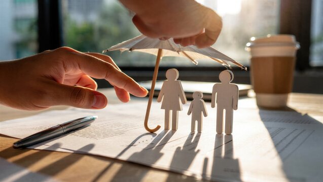 Life insurance concept showing family protection with wooden figures under umbrella on financial documents. Represents coverage, beneficiaries, income security, financial planning.