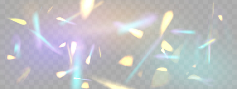 Blurred rainbow refraction overlay effect. Light lens prism effect on transparent background. Holographic reflection, crystal flare leak shadow overlay. Vector abstract illustration.