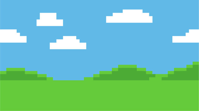 Pixel art landscape background with blue sky and green hills