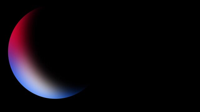 A dark crescent moon-like arc blends deep blue into warm red hues creating a dramatic half-sphere on black background
