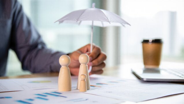 Life insurance concept showing family protection with wooden figures under umbrella on financial documents. Represents coverage, beneficiaries, income security, financial planning.