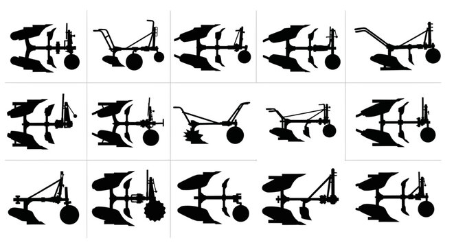 Silhouettes of a modern agricultural tractor with a front loader and plow attachment in black on a white background showcasing multiple angles and perspectives for farming