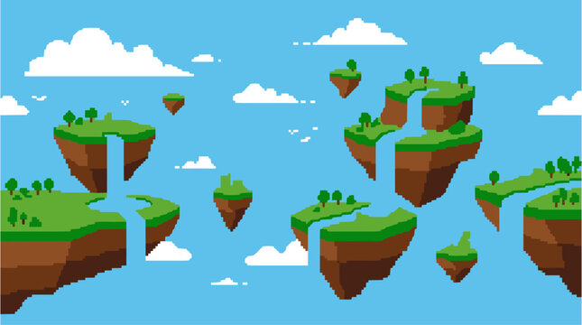 Pixel art floating islands with waterfalls and clouds vector illustration