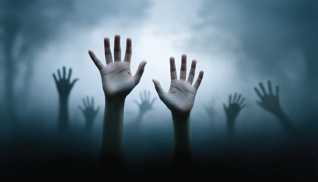 Hands reaching through blue fog with shadow figures for horror thriller danger and supernatural concept