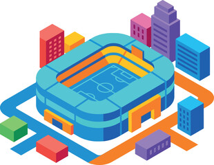 Naklejka premium Isometric illustration of a colorful stadium surrounded by city buildings and roads