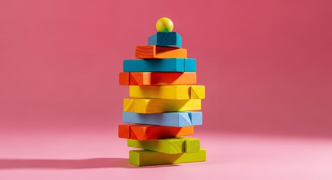 Colorful wooden blocks tower, stacked chaotically, on pink background, toy building set